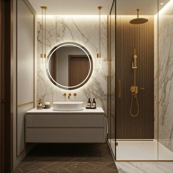 Walk-In-Dusche mit goldenen Armaturen