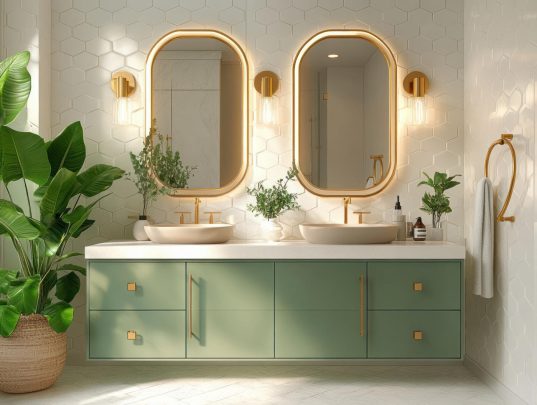 Warme Spiegelbeleuchtung im grünen Bad