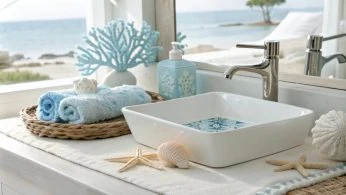 Waschbecken mit maritimen Deko-Artikeln