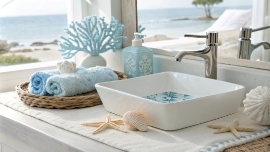 Waschbecken mit maritimen Deko-Artikeln