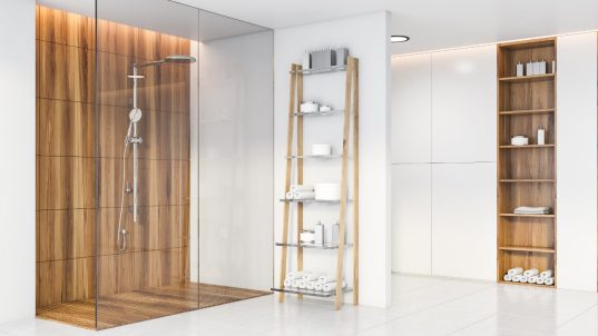 Holz-weißes Badezimmer mit Duschkabine