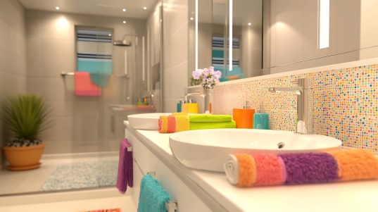 Weisses Badezimmer mit farbenfrohen Accessoires