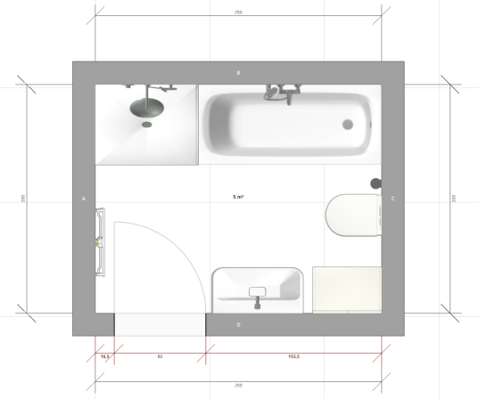 5 qm Badezimmer mit Dusche, Badewanne und Schrank neben dem Waschbecken