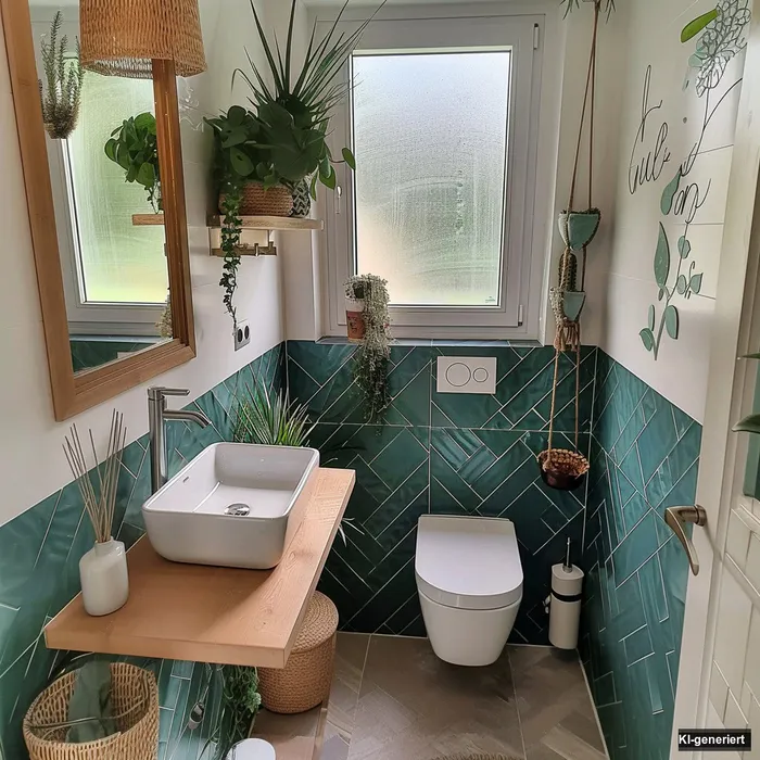 Modernes Gäste-WC mit grünen Fliesen
