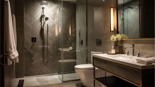The ensuite bathroom features a contemporary design with a herringbone tiled shower wall made from marble mosaic.
