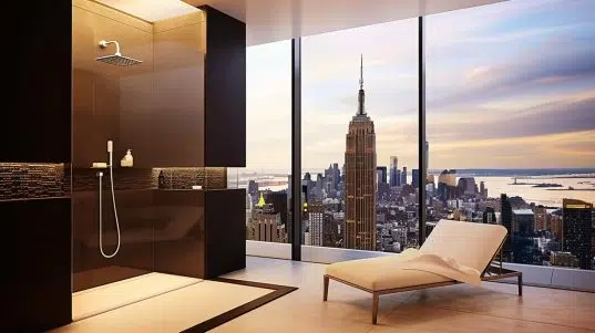 Exklusive Luxus-Badezimmer Designs für höchsten Komfort 1 Badezimmer mit Blick auf die Skyline