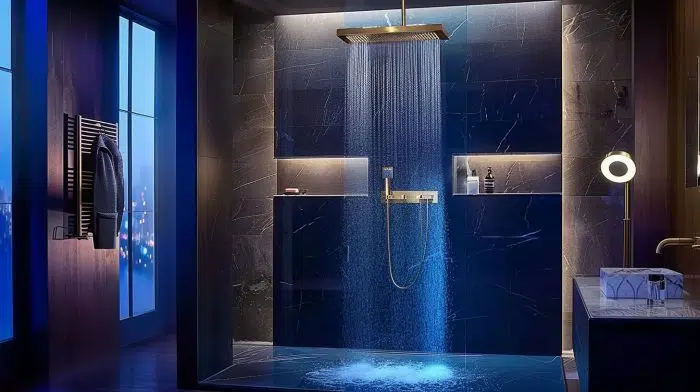 Exklusive Luxus-Badezimmer Designs für höchsten Komfort 9 Luxus Regendusche in Abendstimmung