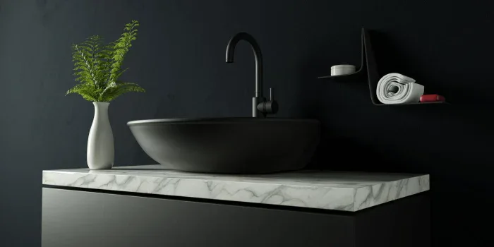 Schwarzes Badezimmer – Moderne Beispiele und Ideen 14 Schwarzes Waschbecken mit Schwarzen Armaturen